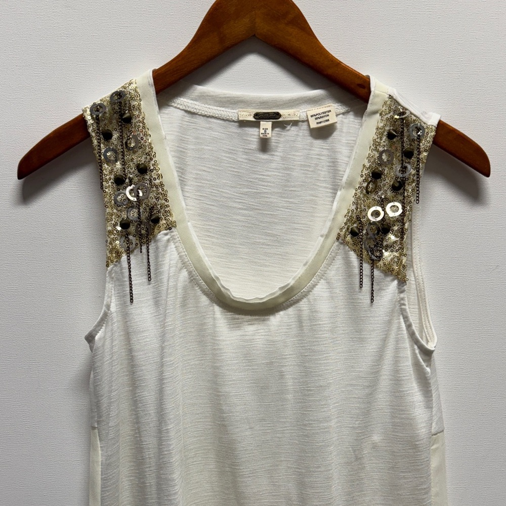 Miss Me Cream Tank Top with Gold Sequin Detail